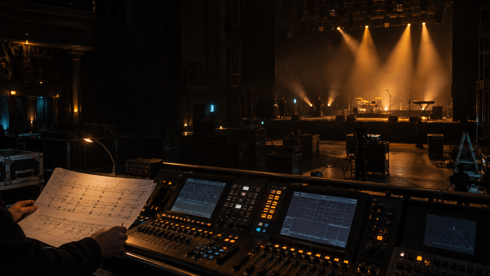 Mesa de iluminación, plano técnico y escenario durante la preparación de un evento